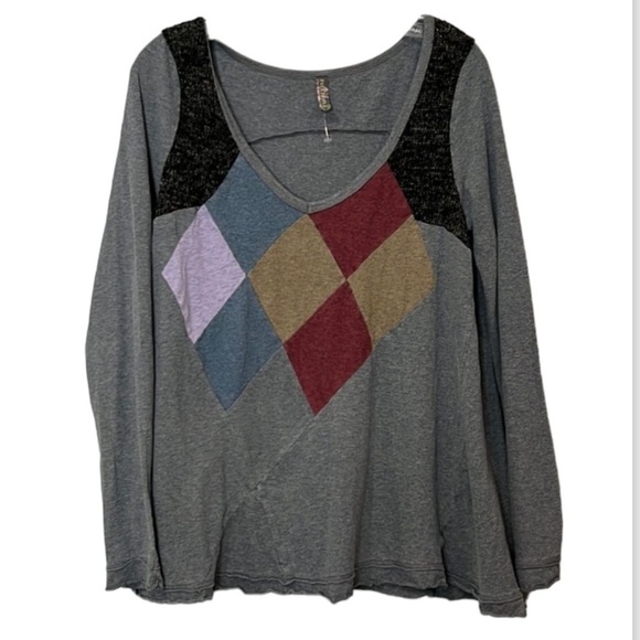 Free People Tops - Free People Long Sleeve Shirt Gray Patchwork Size Large